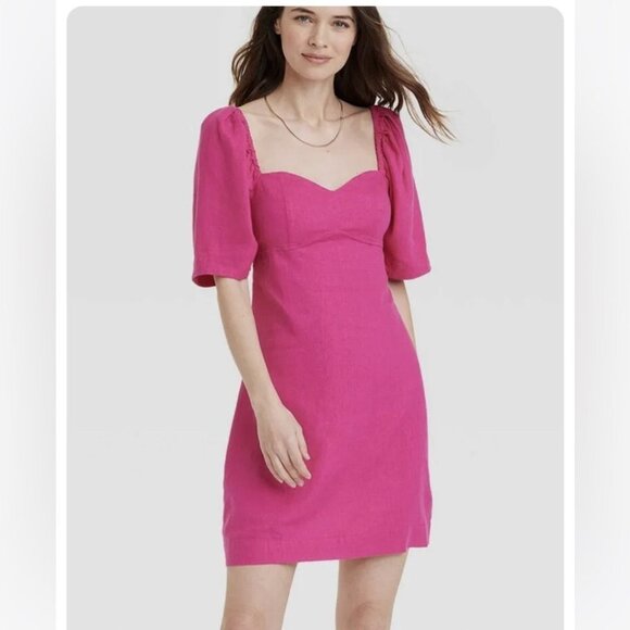A New Day Women’s Pink Puffed Sleeve Linen Blend  Dress - Picture 1 of 11